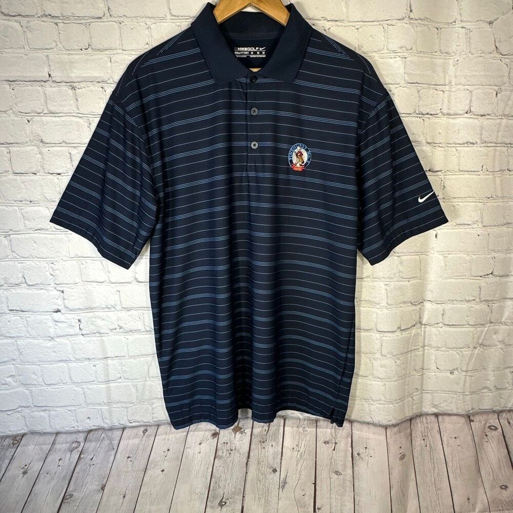 Nike Golf Polo‎ shirt Mens Medium Blue Striped Pinehurst Golf Logo FitDry